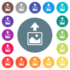 Upload image flat white icons on round color backgrounds