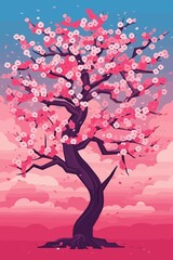 Fototapeta na wymiar Japanese Cherry Blossom Tree. Flat Design. 2D Vector. Illustrator. Postprocessing Generative AI.