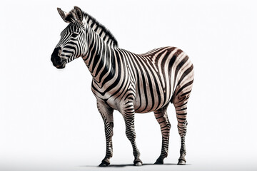 Fototapeta na wymiar Adult Zebra standing on white background posing for the camera, full body, ultra realistic