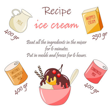 Simple and easy homemade ice cream recipe on a tab with pictures of ingredients and instructions. Food vector illustration on white background.