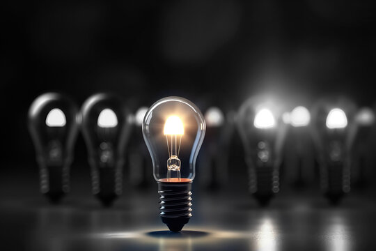 Success in Business or Talent Concept. Stand Out from the Crowd. Different and Individual. Spotlight Shining to the Golden. Lightbulb. 3D rendering	
