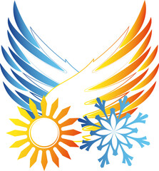 Sun and snowflake with wings unique design. Air conditioning and heating