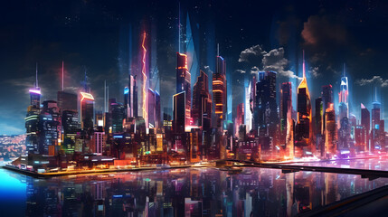 Futuristic cityscape at night, illuminated by neon lights and filled with skyscrapers and advanced technology.