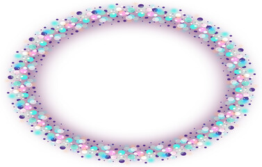 Stylish multi-colored elliptical frame. Blurred circles of pastel colors arranged in an ellipse with a pastel pink background in the middle, with empty space for marketing or other message	