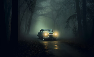 Fototapeta na wymiar Old classic car on a wet road covered in fog with bright headlights. Generative AI.