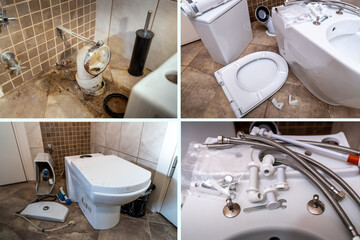 Replacing the existing old toilet bowl at work in the bathroom with a new toilet, plumbing repair...