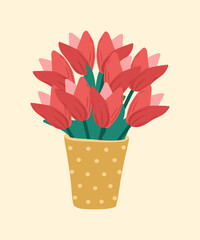 Illustration of vase with flowers. Bright blooming flowers in vase. Design element for greeting card, invitation, print, sticker. Illustration for birthday, mother's day, valentine's and woman's day.	