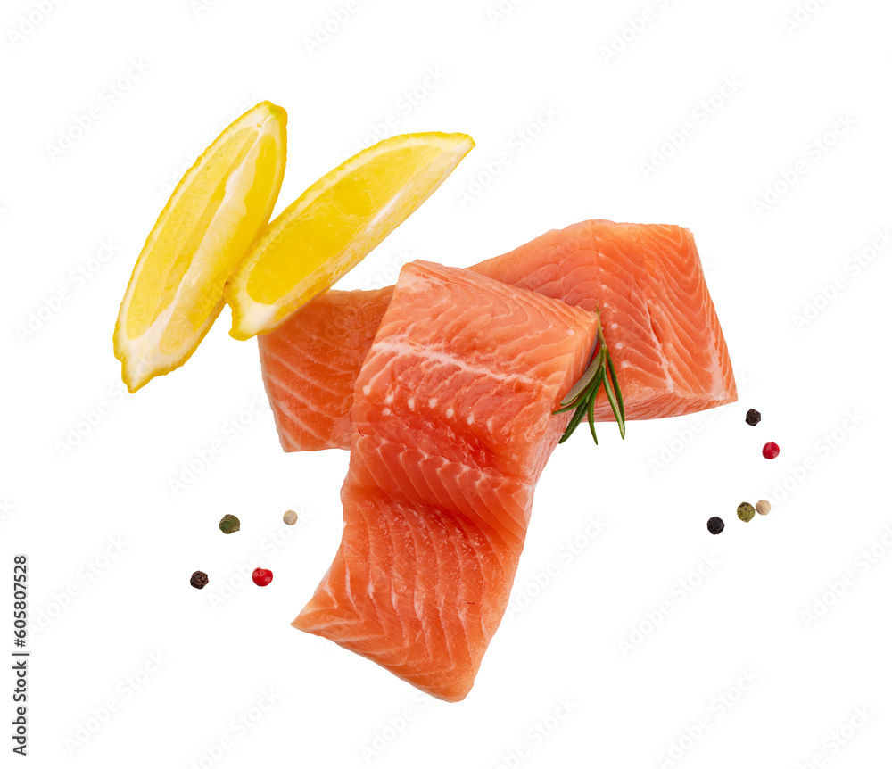 Wall mural a raw piece of red fish fillet (trout, salmon) with a slice of lemon isolated on transparent backgro