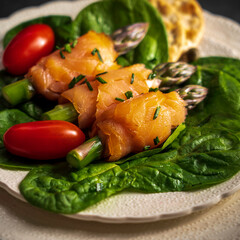Asparagus spears wrapped in smoked salmon. Served with spinach and garnished with capers and chives.