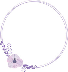 Purple round floral frame. Botanical template with flowers