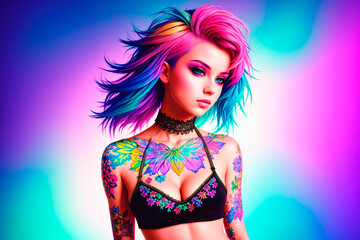 Fototapeta na wymiar Portrait of a beautiful young woman with colorful hair. Beauty, fashion. Generative AI.