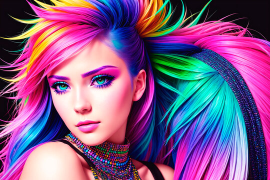 Portrait of a beautiful young woman with colorful hair. Beauty, fashion. Generative AI.