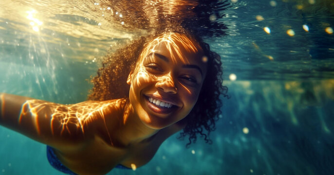 Happy black woman swimming under water in public swimming pool,Holiday, relaxtion,active,watersport,beauty having fun