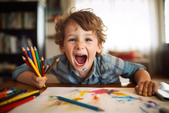 Candid image of a young boy with a silly, excited expression, engaged in painting with paint on his face. The scene embodies the joy and spontaneity of creative play, generative ai