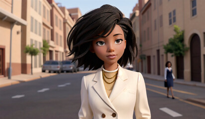 Fototapeta premium Beautiful african american in business suit on background of metropolitan. Elegant black woman in classic style in downtown. Generative AI.