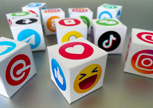 Vinnitsa, Ukraine - February 4, 2020: A paper cubes with printed logos with logotypes of social media: Facebook, Instagram, Youtube, Twitter, Pinterest, Telegram, TikTok, Snapchat, Tumblr, Amazon