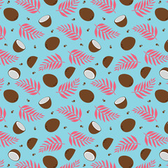Coconut summer seamless pattern with palm leaves.