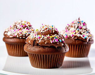 Creative food composition. Chocolate cupcakes muffins with cream frosting sprinkles on white background. Template for product presentation display. copy text space banner	
