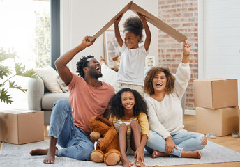 Black family, floor and cardboard roof in home living room with game, laughing and bond with love....