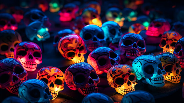 Colorful pattern skuls, hearts, vibrant, lightings
