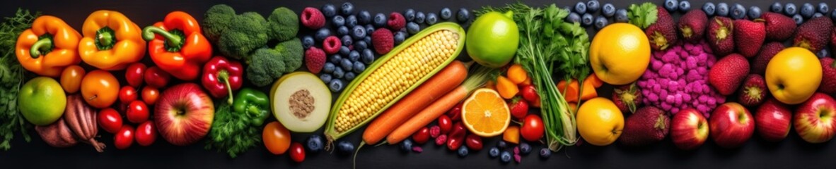 Assortment of fresh fruits and vegetables in rainbow colors. AI generative illustration.