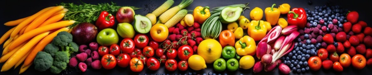 Obraz na płótnie Canvas Assortment of fresh fruits and vegetables in rainbow colors. AI generative illustration.