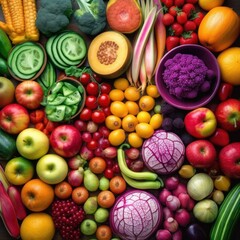 Assortment of fresh fruits and vegetables in rainbow colors. AI generative illustration.