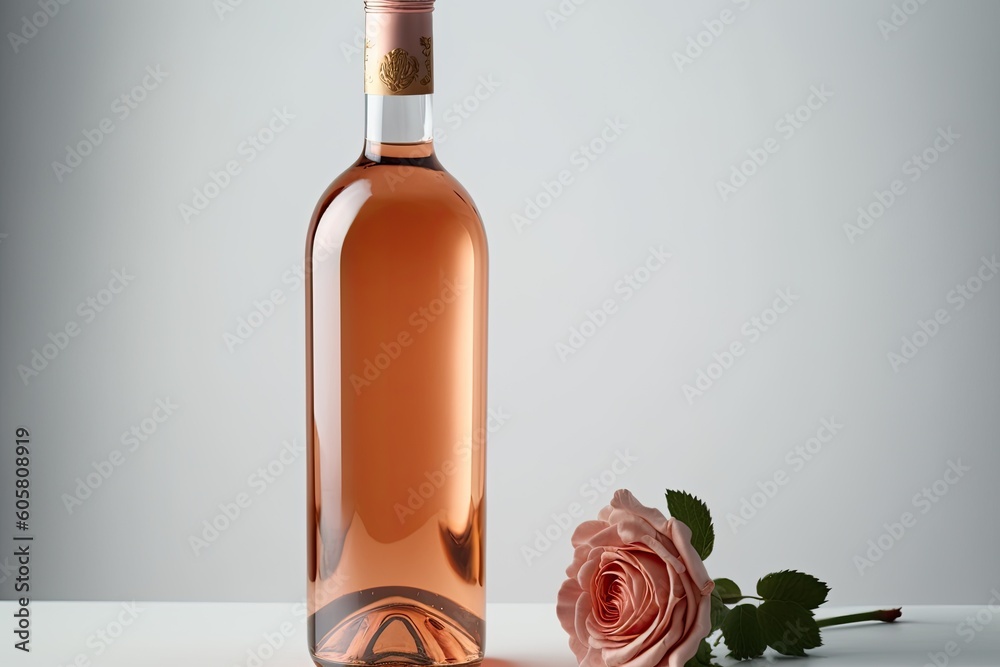 Poster Rose wine bottle on a gray backdrop. Summer beverage for a wine business, wine tasting idea, or party. place a copy. Generative AI