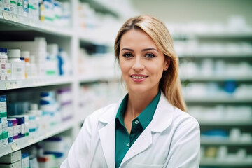 A woman in a white lab coat standing in front of a pharmacy shelf - obrazy, fototapety, plakaty