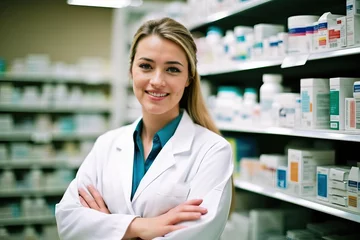 Foto op Canvas A woman in a white lab coat standing in a pharmacy © Nedrofly