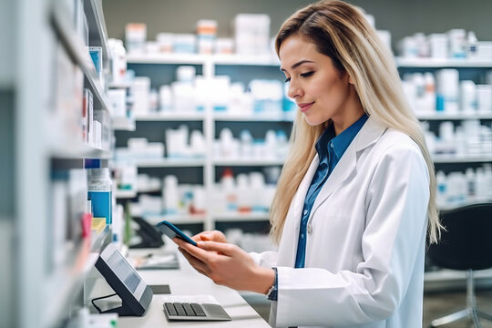 A woman in a white lab coat looking at a cell phone