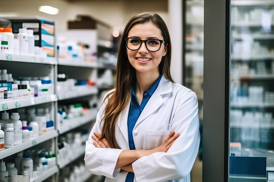 A woman in a lab coat standing in front of a pharmacy shelf