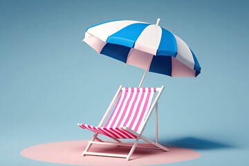 Summer concept: a simple picture of a beach chair on a blue background, with pink beachwear and an open white-and-blue striped umbrella. Generative AI