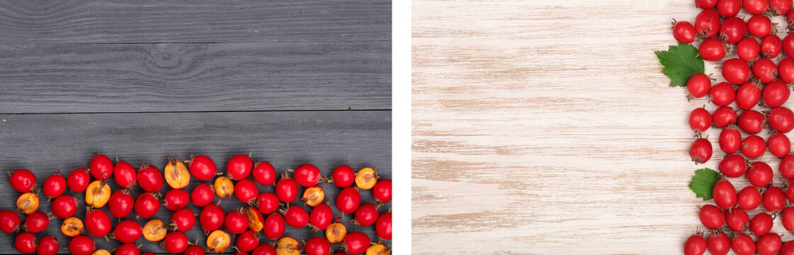 Hawthorn berry on a black wooden background with copy space for your text. Top view