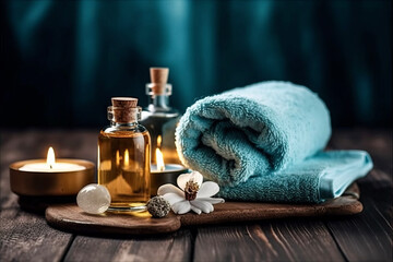Obraz na płótnie Canvas Aesthetic photo of a spa salon, showcasing a serene arrangement of towels, spa oil, and wooden table for indulgent beauty treatments, ai-generated