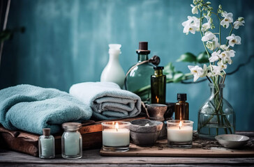 Fototapeta na wymiar Aesthetic photo of a spa salon, showcasing a serene arrangement of towels, spa oil, and wooden table for indulgent beauty treatments, ai-generated
