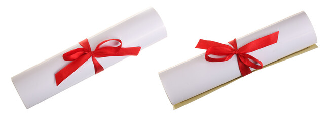 Diploma with red ribbon isolated on white background. Top view. Flat lay