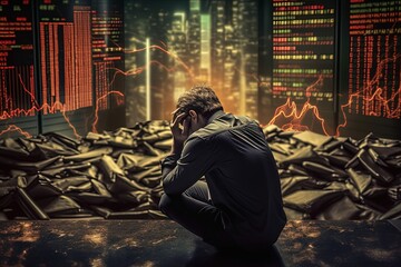 Signifying the harsh realities of the economic crisis, a worried businessman finds himself amidst a panic-inducing digital stock market financial background, highlighting business failure and unemploy