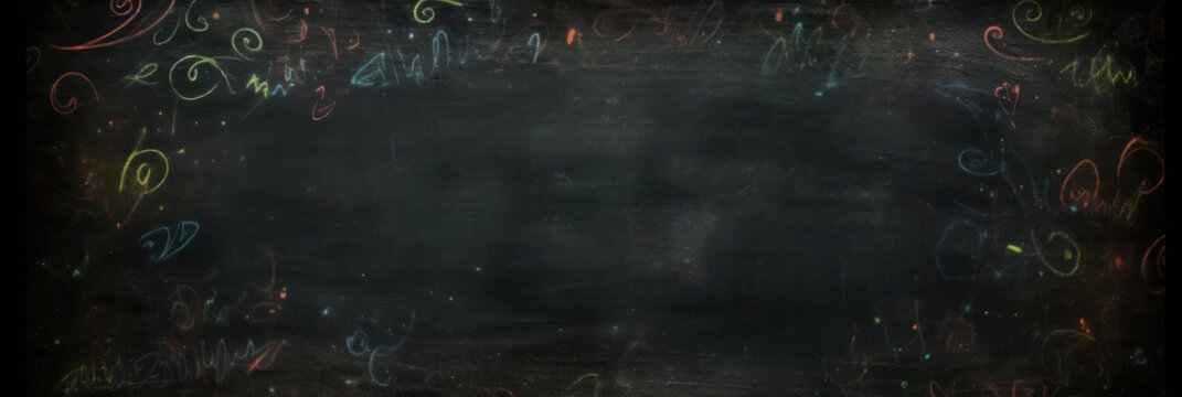 Blackboard background with space for text and chalk doodles frame. Generative AI.
