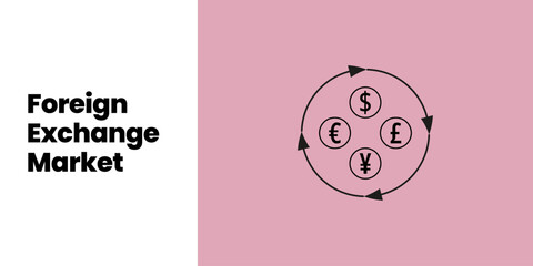 Foreign Exchange Market Banner on White and Pink Background. Stylish Forex Banner with Black Text and Icons for Business and Finance