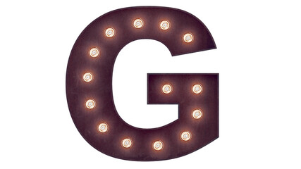 Light bulb glowing letter alphabet character G font. Front view illuminated capital symbol on...