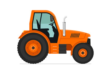 Modern wheeled farm tractor side view isolated on white background. Farming heavy machinery vehicle. Agricultural transport vector eps illustration