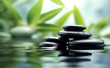 Captivating photo of a tranquil Asian-inspired spa with a serene water feature of black stone and calming ambiance of bamboo, ai-generated