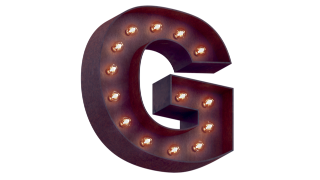 Light bulb glowing letter alphabet character G font. Perspective view illuminated capital symbol on transparent background. 3d rendering illustration. casino letters.