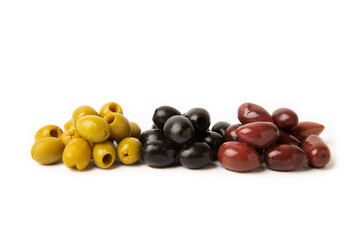 Olives isolated on white background. Delicious black, green and red olives with leaves on a white background. Fresh olive fruits.