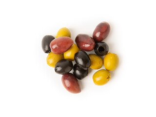 Olives isolated on white background. Delicious black, green and red olives with leaves on a white background. Fresh olive fruits.