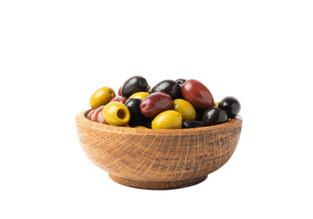 Bowl with olives isolated on white background. Delicious black, green and red olives with leaves in plates on a white background. Fresh olive fruits.