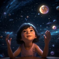 Obraz na płótnie Canvas A little girl in the universe with hopeful