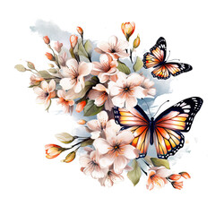 Obraz premium Cartoon butterflies and flowers border set. Flying insects, delicate moths species with multicolored wings collection. Generative AI