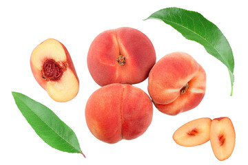 Ripe chinese flat peach fruit with leaf isolated on white background. Top view. Flat lay.